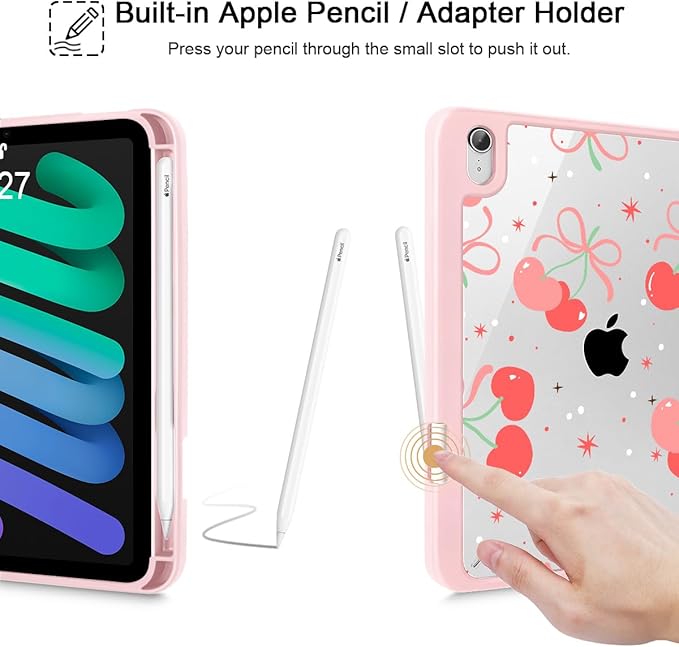 May Chen Slim Case for iPad mini 7 (A17 Pro 7th Generation) 2024 / iPad mini 6 (6th Gen) 8.3 Inch [Built-in Pencil Holder] Shockproof Cover Clear Clear Back Shell Auto Wake/Sleep Coquette Cherry