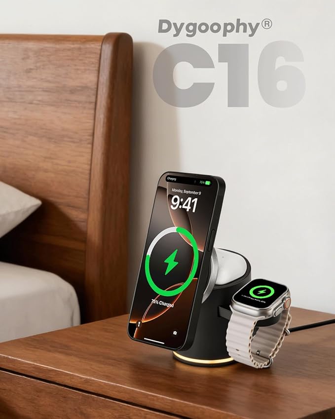 C16 4-in-1 Foldable Magnetic Wireless Charger Qi2 Certified 23W Fast Charging Station with Warm White LED Night Light Portable Travel Charger for Apple &amp Samsung Devices