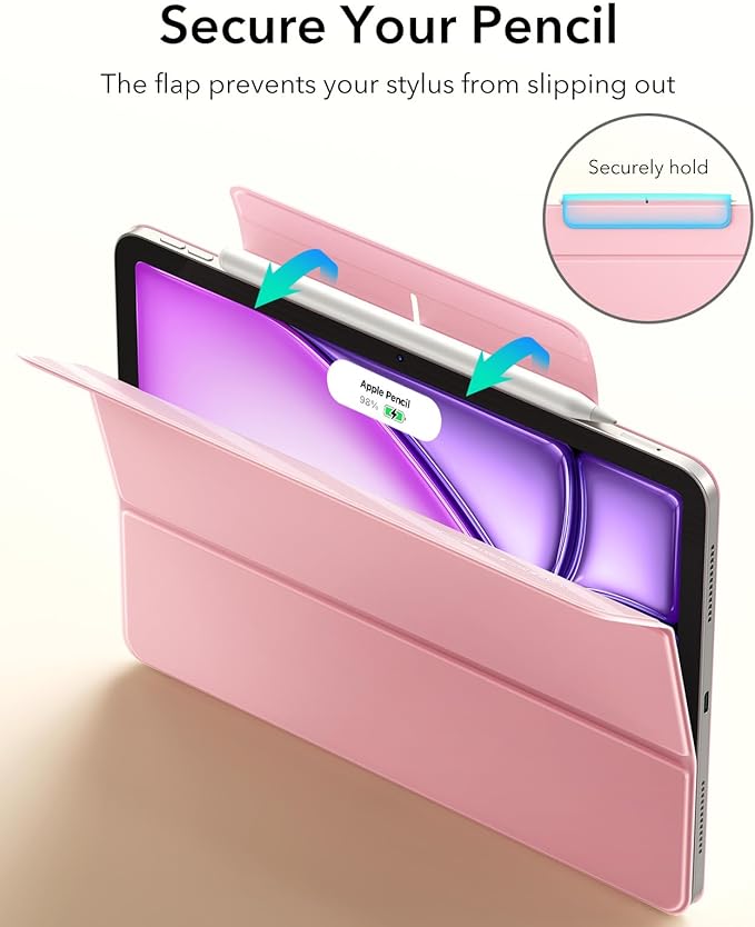 ESR for iPad Air 13 Inch Case M4/M3/M2 (2026/2025/2024) iPad Pro 12.9 Case Powerful Magnetic Attachment Slim Trifold Stand Case Supports Pencil Pro &amp Pencil (USB-C) Rebound Series Pink