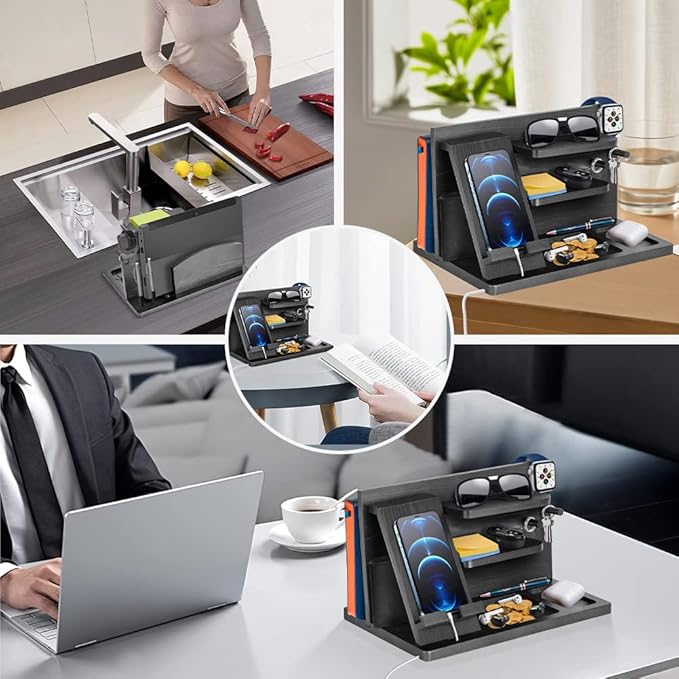 Gifts for Men Bedside Organiser Wood Phone Docking Station Dad Birthday Gifts for Him Nightstand Key Wallet Watch Stand Mens Gifts for Xmas Presents for Dad Husband Boyfriend Anniversary &amp Christm