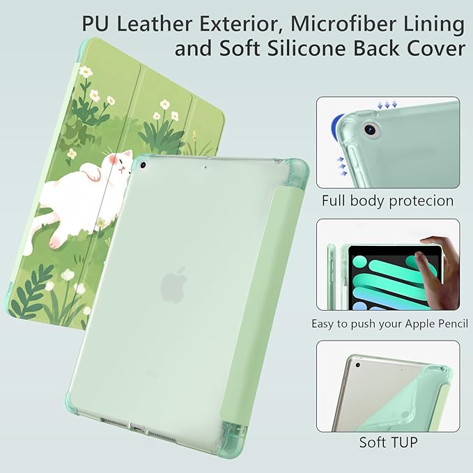 Cue Kawaii Cat Kitten for iPad Pro 13 Inch Case (M5/M4) 2025/2024 with Pencil Holder Auto Sleep/Wake Green Leather Soft TPU Back Cover