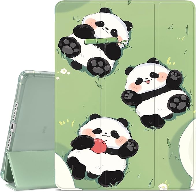 JOYLAND Cute Panda Pattern Case for iPad 9th/8th/7th Generation 10.2 Inch (2021/2020/2019 Release) Pencil Holder &amp Clear Transparent Soft TPU Back &amp Trifold Smart Pad Green Cover