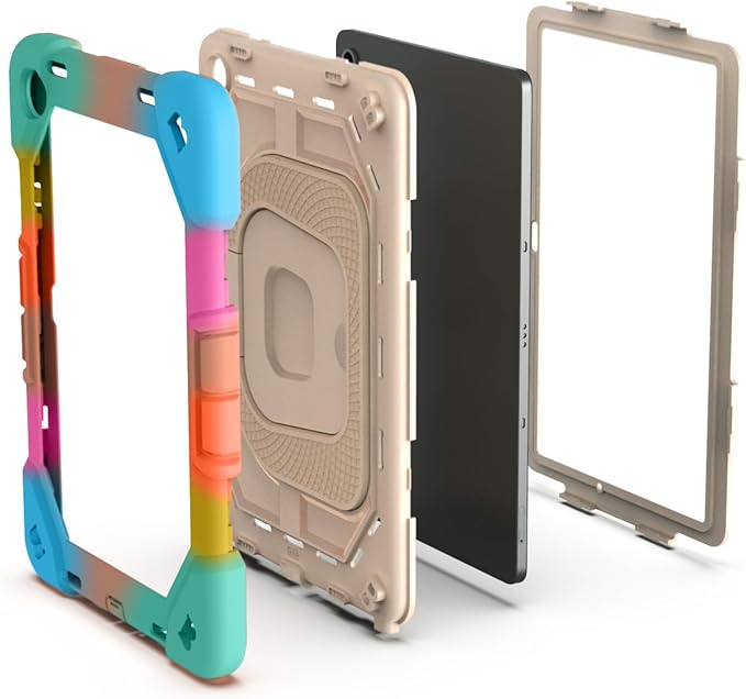 Case for Samsung Galaxy Tab A11+ 11 Inch 2025 (X230/X236B) Heavy Duty Shockproof Rugged Stand Hand Strap Protective Tablet Case for Tab A11 Plus Rainbow+Creamy White