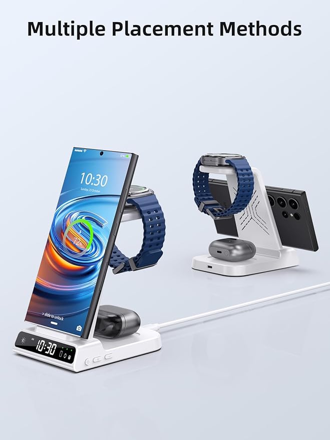 Wireless Charger Samsung Charging Station: 3 in 1 Android Charging Stand with Dimmable Clock - Nightstand Organizer for Galaxy S25 Ultra S24 Galaxy Watch 8 7 6 5 4 Galaxy Buds Space-Saving Charger