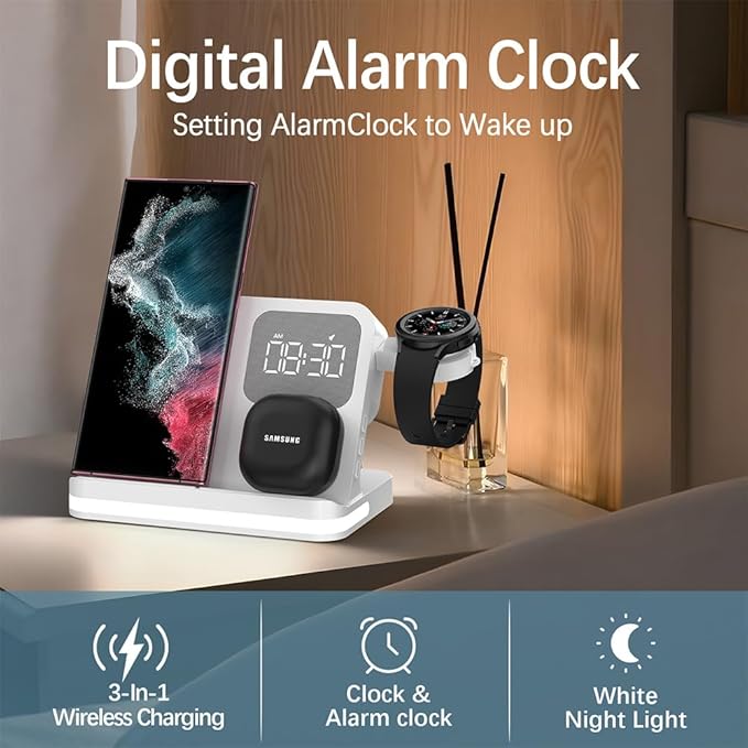 AYI 4in1 Multi Functional Wireless Charging Station with Digital Alarm Clock 15W Fast Charger Night Light Wireless Charger for All Qi Phone and Earbud Headphone Compliant with i-Watch-B22 White