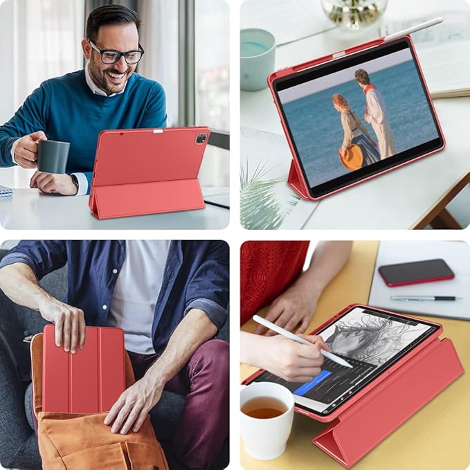 DTTO for iPad Air 13 Inch Case M4/M3/M2 2026/2025/2024 iPad Pro 12.9 Inch Case (6th/5th/4th/3rd Gen) Smart Slim Trifold Stand Soft Cover with Pencil Holder Red