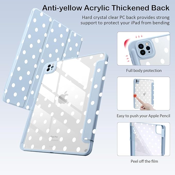 Cute Kawaii Polka Dot for iPad 7th/8th/9th Generation Case 10.2 Inch 2019/2020/2021 with Pencil Holder Auto Sleep/Wake Blue Leather Acrylic Back Cover