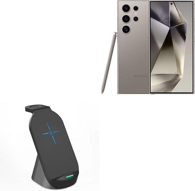 BoxWave Charger Compatible with Samsung S24 Ultra - Compact Wireless MultiCharge Stand (10W) Wireless Qi Stand Charger Watch Earbuds - Jet Black