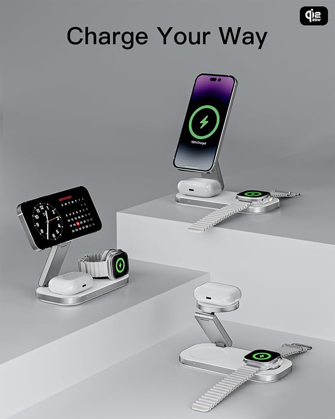 3-in-1 Charging Station for Apple Device Qi2 25W Certified Magnetic Wireless Foldable Fast Charger Stand Compatible with MagSafe for iPhone 17e/17/16/15/14/13/12/Air Series Apple Watch &amp AirPods