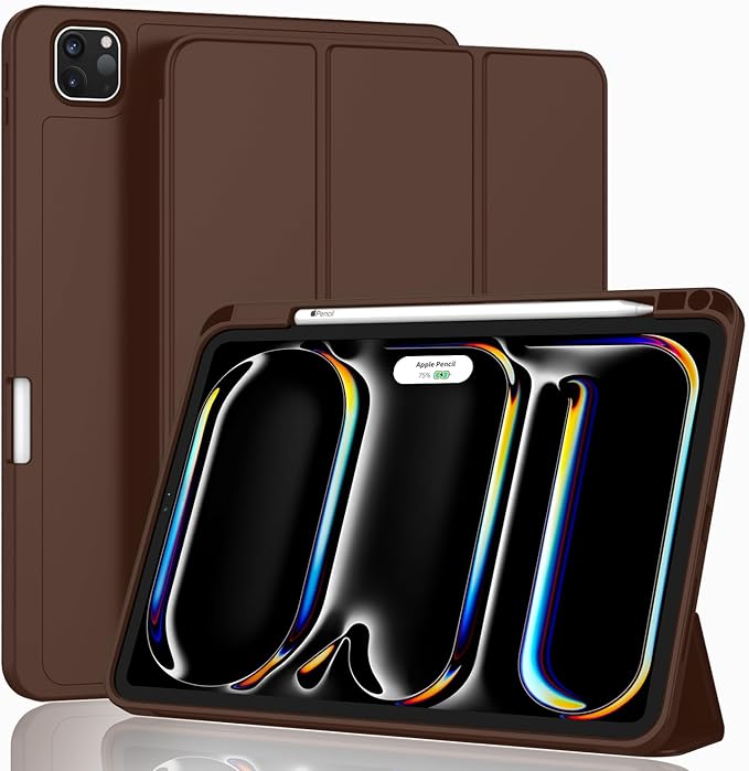 ZryXal iPad Pro 11 Inch Case (M5) 2025/ (M4) 2024 (Model: A2836/A2837/A3006) Trifold Stand Smart Cover with Pencil Holder and Soft TPU Back Auto Wake/Sleep (Chocolate)