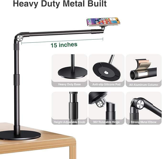 elitehood Magnetic Phone Stand for Overhead Recording 15 in Long Arm Magsafe iPhone Holder for Video Recording 360 Swivel Tilt Overhead Phone Mount for Filming Meeting Cooking Painting Crafting