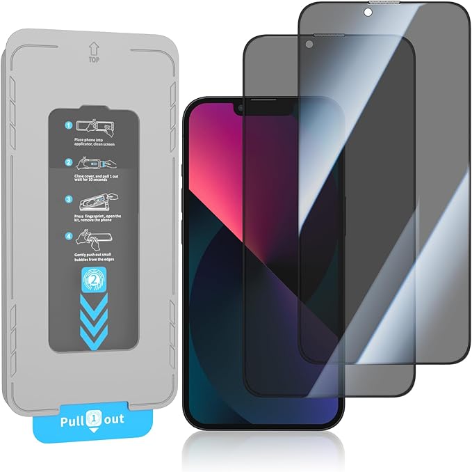 2 Pack Privacy Screen Protector for iPhone 13 9H+ Tempered Glass Anti Spy Private Film Easy Installation Auto Alignment Dust Removal Military-Grade Protection Bubble-Free
