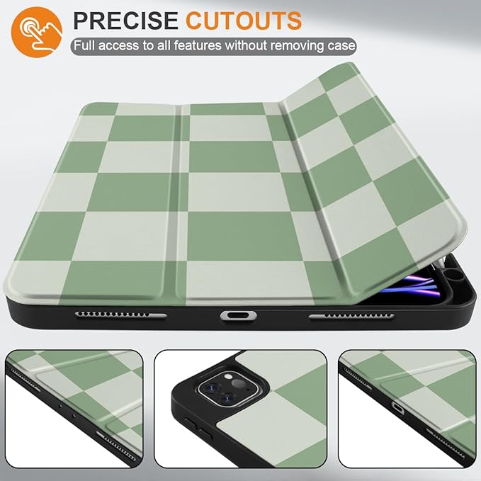MEEgoodo for iPad Pro 12.9 Case M2 6th/5th/4th/3rd Generation 2022 2021 2020 2018 with Pencil Holder Tablet Cover with Soft TPU Back Shell Green Checkered
