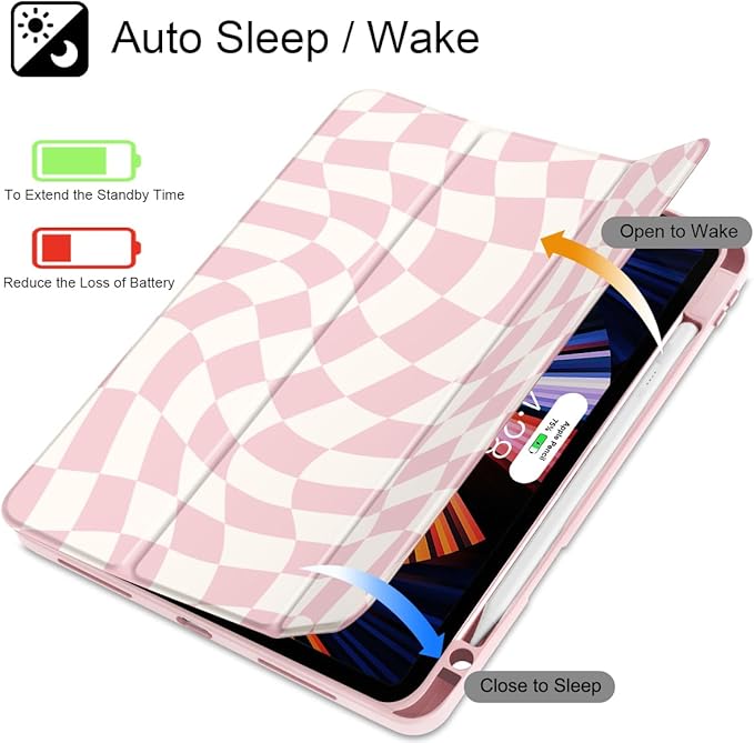 Mektron Case for iPad Pro 11 inch Case M2 2022 Generation 4th Fit 2021 2020 2018 iPad Pro 11 (3rd 2nd &amp 1st Gen) -Buit in Pencil Holder with Shockproof Cover Clear Shell Wave Striped-Pink