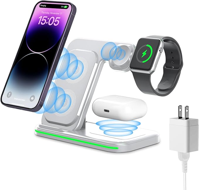 Wireless Charger for Multi Devices 3 in 1 Foldable Fast Charging Station Stand Compatible for iPhone 17 16 15 14 13 Pro for Apple Watch Series for AirPods 4 3 2 Pro for Samsung Galaxy Android (White)