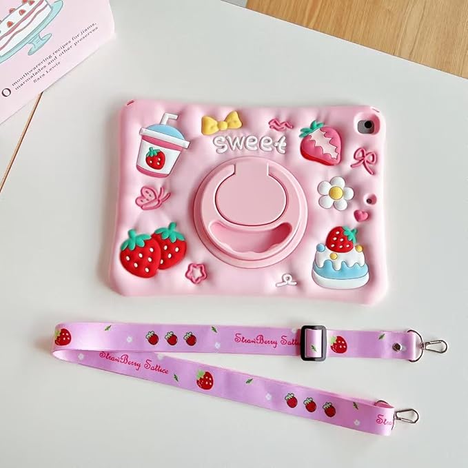3D Cute Strawberry Cake Juice Case for iPad 9th/8th/7th 10.2 inchKawaii Cartoon Delicious Desserts Soft Silicone Rotating Stand Case with Lanyard for Kids Teens Girls Women
