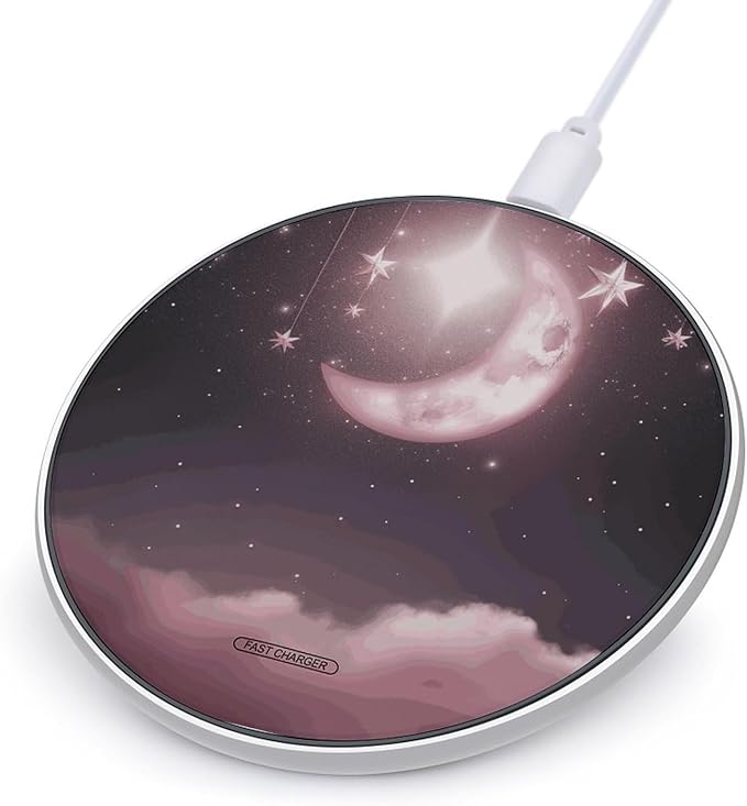 Moon Pink Stars Wireless Charger Fast Wireless Charging Pad with USB Cable 10W Anti-Slip Magnetic Wireless Charger Portable Slim Charger Puck Travel Charging Station