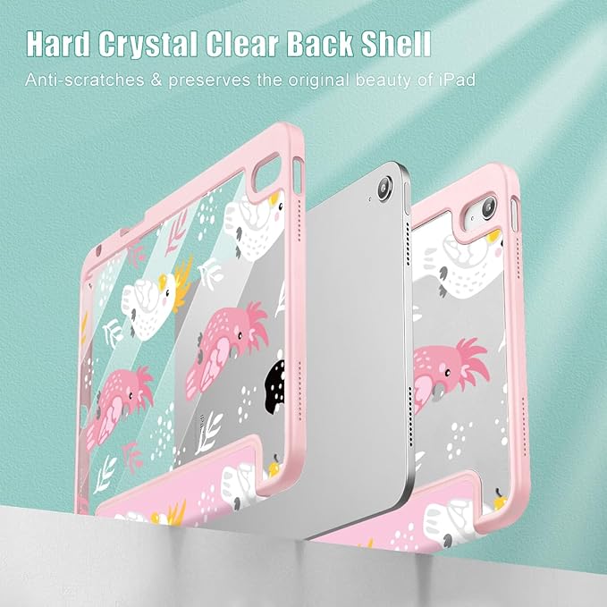 Case for iPad 11 inch A16 2025 Generation 11th / iPad 10.9 inch 2022 10th Gen Buit in Pencil Holder with Shockproof Cover Clear Transparent Back Shell Auto Wake/Sleep Parrots