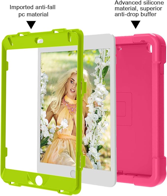 Compatible with Apple iPad mini 4/5 Tablet CaseRugged Kids Case with Stand Lightweight Shockproof Kids Friendly Tablet Cover Rose Red+Grass Green