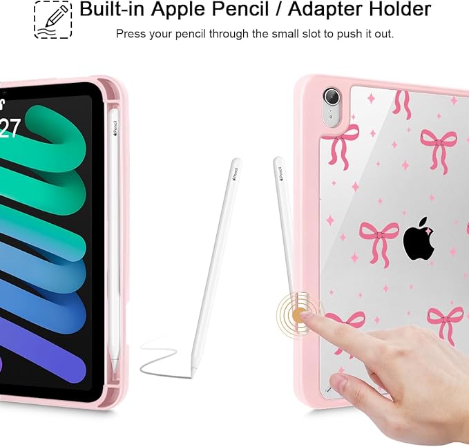 May Chen Slim Case for iPad mini 7 (A17 Pro 7th Generation) 2024 / iPad mini 6 (6th Gen) 8.3 Inch [Built-in Pencil Holder] Shockproof Cover Clear Clear Back Shell Auto Wake/Sleep Pink Boots Bows