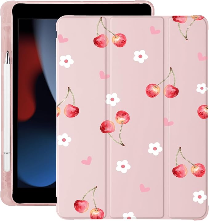 Cute Cherry Floral Heart for iPad Air5/Air4 Case with Pencil Holder Auto Sleep/Wake Pink Leather Soft TPU Back Cover for iPad 10.9 Inch 2022/2020