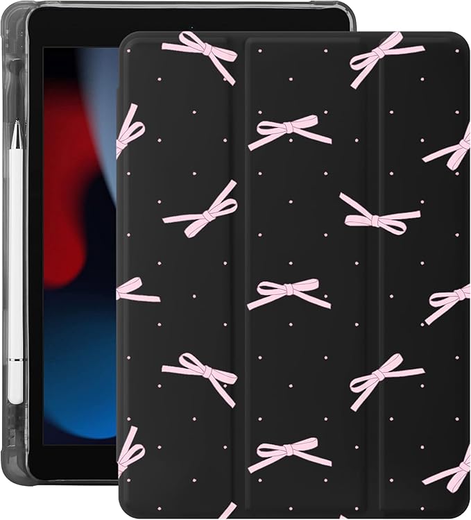Idocolors Case for iPad 11 inch (A16 Chip) 2025 Generation 11th / iPad 10.9 inch 2022 10th Gen Built-in Pencil Holder with Soft TPU Shockproof Back Shell Auto Wake/Sleep Pink Bow Knot-Black
