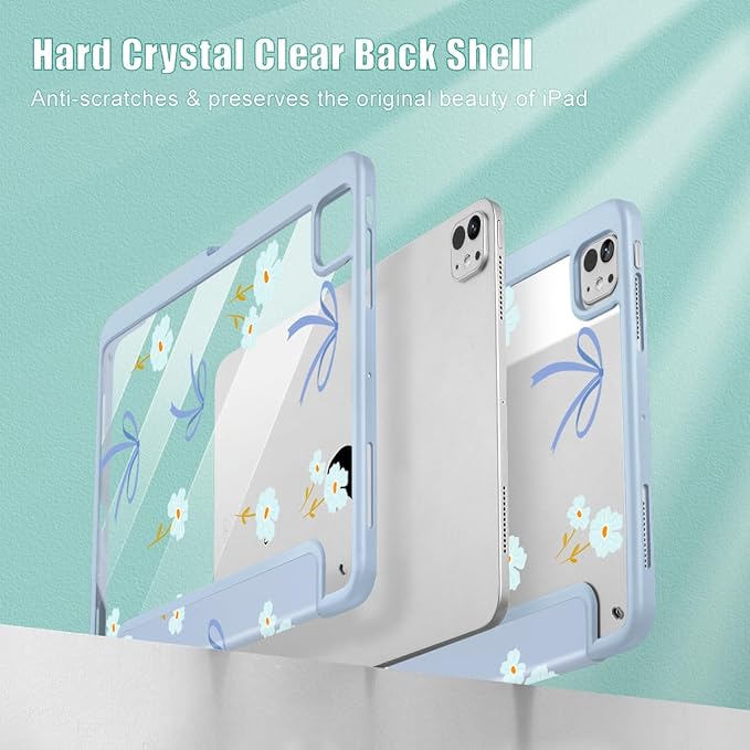 Mektron Case for M5/ M4 iPad Pro 11 inch 2025/2024 with Pencil Holder Compatible Models: A3357/A3358/A3359/A2836/A2837/A3006 Shockproof Cover Clear Shell Blue Bows &amp Flowers