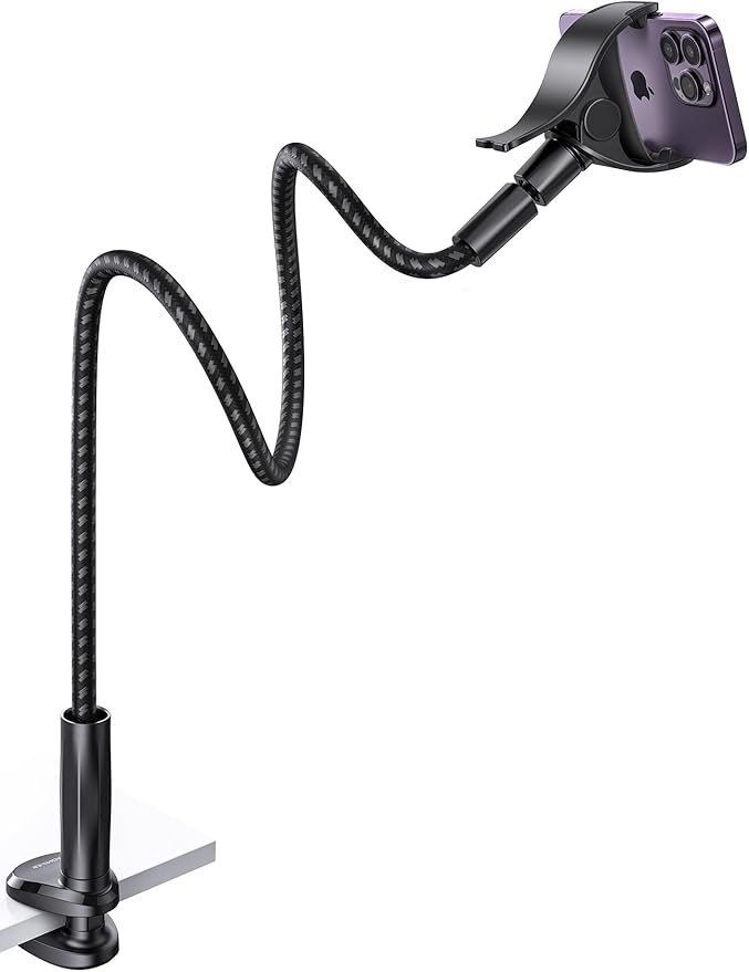 Aomiker Gooseneck Phone Holder for Bed - [2025 Upgrade Nylon Braid] 38” Long Flexible Lazy Arm Clip 360 Adjustable Overhead Phone Mount for iPhone 15 14 13 12 11 Pro Max Mini Plus all 4-7 Cellphone
