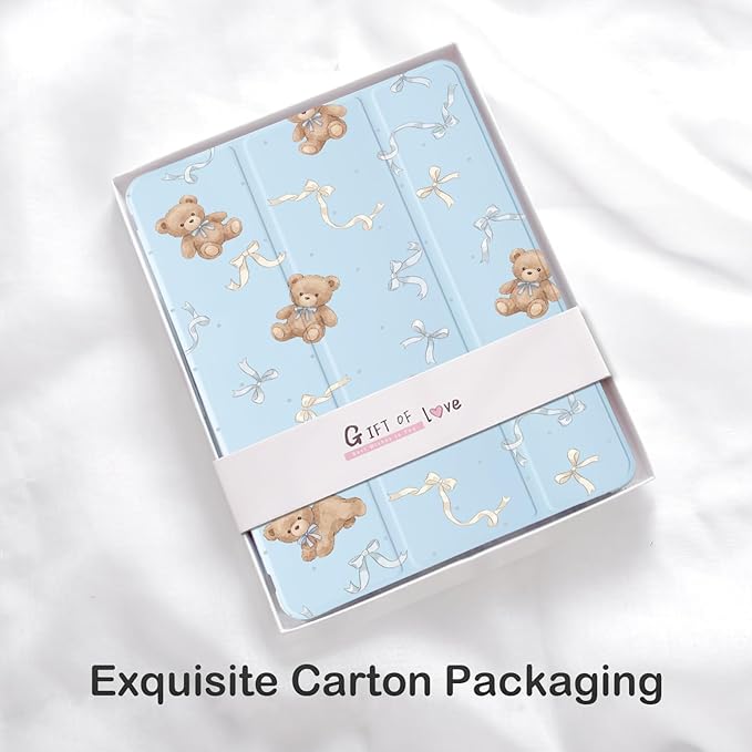 Cute Kawaii Bear Bow for iPad Pro 12.9 Inch Case 5th/6th Generation 2022/2021/2020 with Pencil Holder Auto Sleep/Wake Blue Leather Soft TPU Back Cover