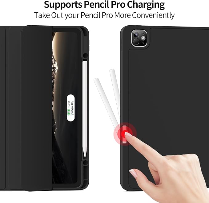 for iPad Pro 13 inch Case (M5/M4) 2025/2024 Slim Protective Cover with Pencil Holder Soft TPU Back Cover Trifold Stand Auto Wake/Sleep A2925 A2926 A3007 A3362 A3359 (Black)