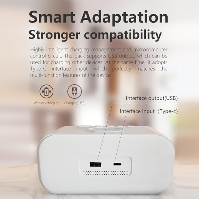 AYI 4in1 Smart Wireless Charging Alarm Clock with Mirror Display | 15W Fast Charger for Phone &amp Earbuds 3 Group Alarms Warm White/Yellow Night Light Temperature Display Extra USB Port-White