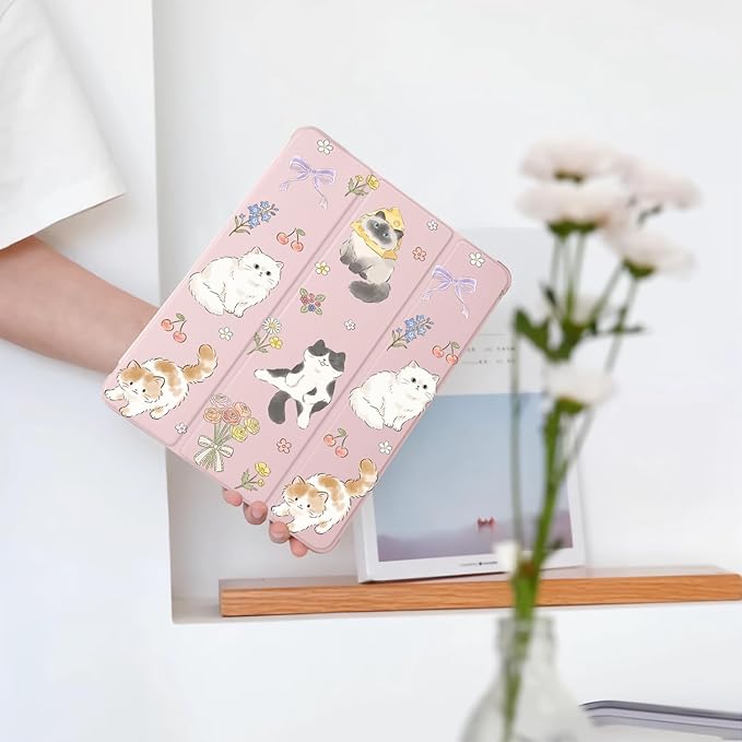 Cue Kawaii Kitten Cat Flower for iPad 5th/6th Generation Case with Pencil Holder Auto Sleep/Wake Pink Leather Soft TPU Back Cover for iPad 9.7 Inch