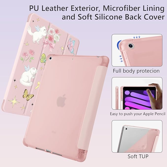 Cute Kawaii Kitten Butterfly for iPad Pro 11 Inch Case (M5/M4) 2025/2024 with Pencil Holder Auto Sleep/Wake Pink Leather Soft TPU Back Cover