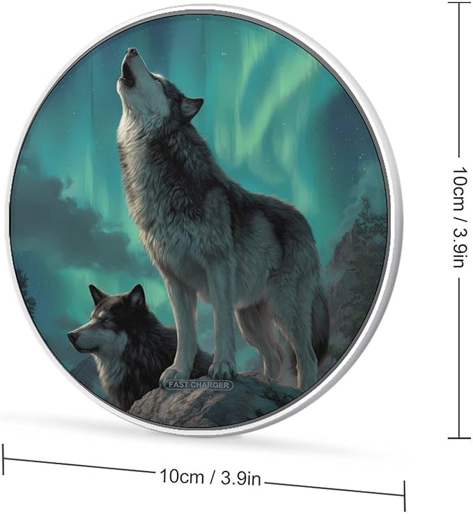 Wolf Howling Moon Northern Lights Fast Portable Charger 10W Funny Graphic Phone Charging Pad with USB Cable