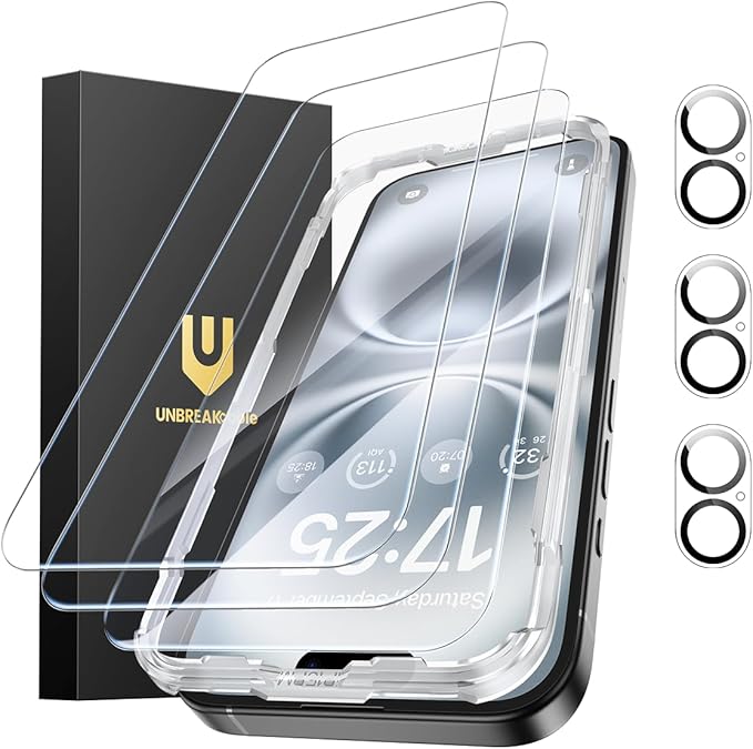 UNBREAKcable iPhone 16 Plus Screen Protector 3-Pack 3 Tempered Glass + 3 Camera Lens Protectors 9H Hardness HD Clarity Anti-Fingerprint Case Friendly 6.7 Inch