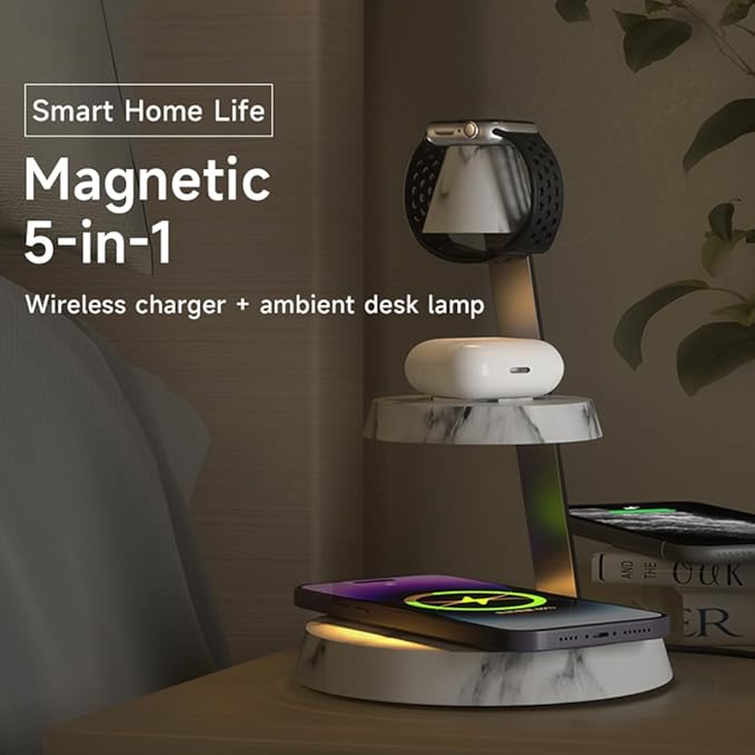 Magnetic Wireless Charger 3 in 1 Tower Standing Upright Double Layer Night Light High-Power Convenient Compatible with Cellphones/Wireless Earbuds/Apple Watch (Marble Style)