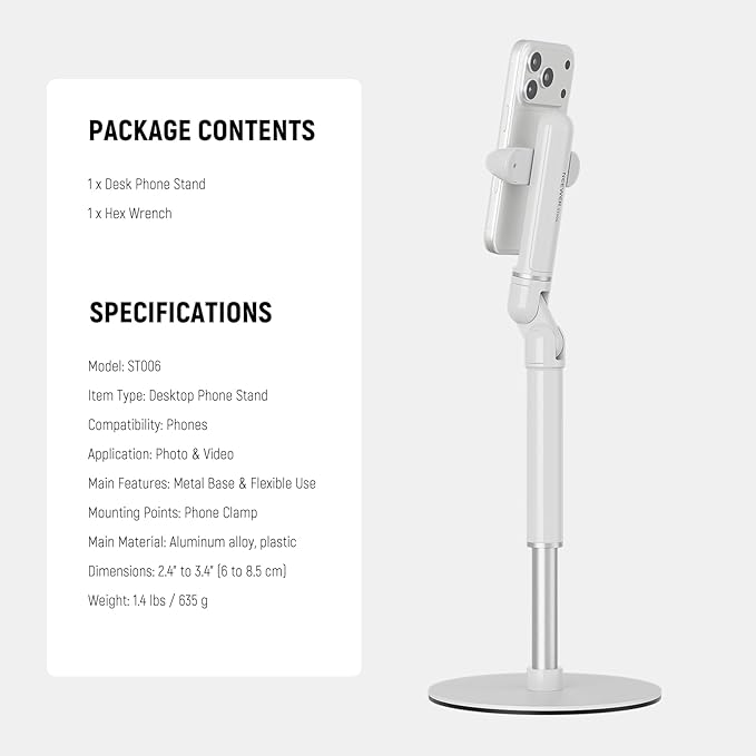 NEEWER Basics Cell Phone Stand for Desk Adjustable Office Bed Table Phone Mount Holder Clamp with Weighted Metal Base Compatible with iPhone Video Recording ST006 White