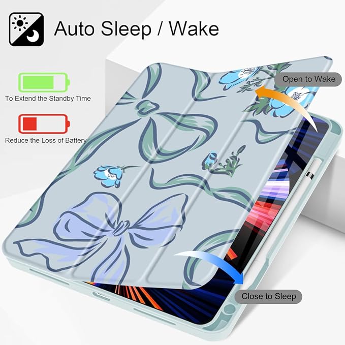 Mektron Case for M5/ M4 iPad Pro 11 inch 2025/2024 with Pencil Holder Compatible Models: A3357/A3358/A3359/A2836/A2837/A3006 Tablet Cover with Soft TPU Back CoverFlowers-Bows-Blue
