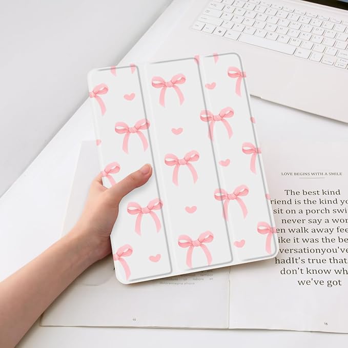 Cute Bowknot Case for iPad 5th/6th Generation (2017/2018) for iPad Air/Air 2 9.7 Kawaii Bow Aesthetic Design Trifold White Leather Protective Cover Soft TPU Back - Bow/Pink