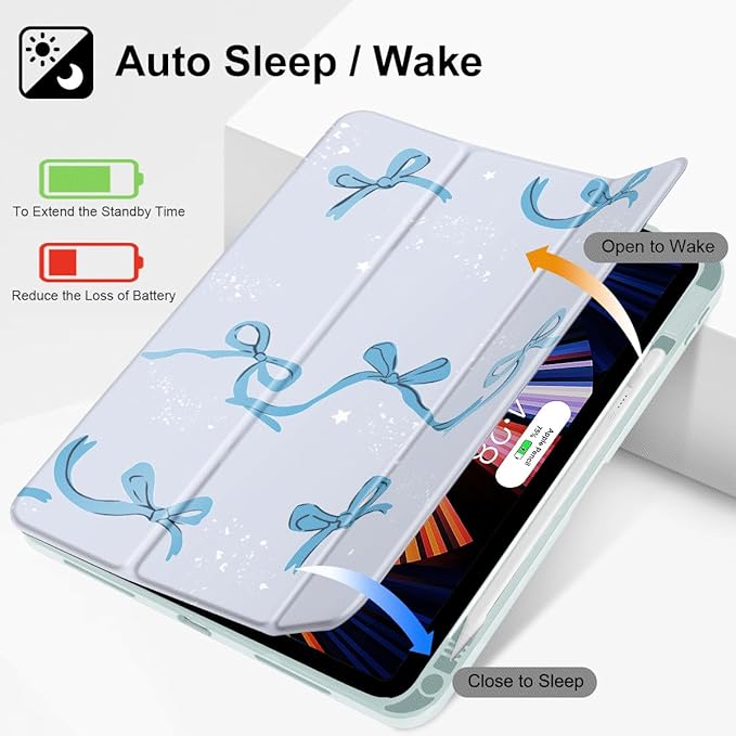 Tuiklol Case for iPad 10.2 Inch 2021 2020 2018 Release 9th / 8th / 7th Generation Built-in Pencil Holder TPU Protective Stand Back Cover Trifold Stand-Auto Wake/Sleep Bow-Blue