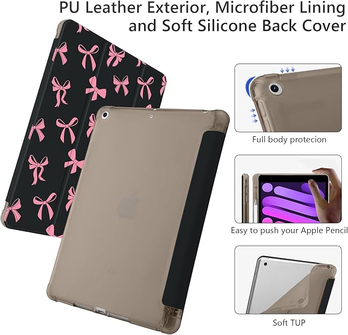 Cute Kawaii Bow for iPad Air 13 Inch Case M3 2025/M2 2024 with Pencil Holder Auto Sleep/Wake Black Leather Soft TPU Back Cover