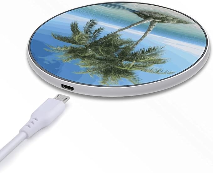 Sea Palm Trees Wireless Charger Fast Wireless Charging Pad with USB Cable 10W Anti-Slip Magnetic Wireless Charger Portable Slim Charger Puck Travel Charging Station