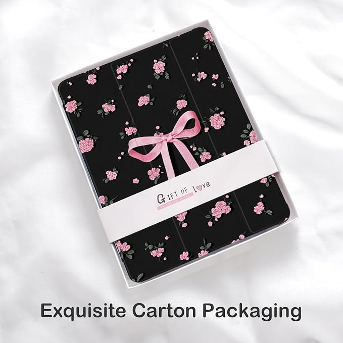 Cute Pink Bow Floral for iPad 7th/8th/9th Generation Case with Pencil Holder Auto Sleep/Wake Black Leather Soft TPU Back Cover for iPad 10.2 Inch 2019/2020/2021