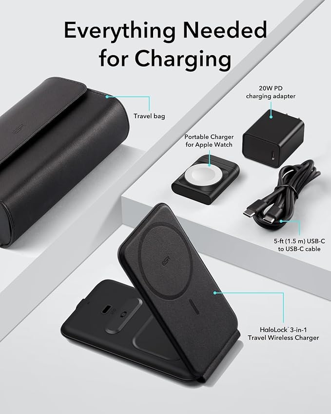 ESR for 3 in 1 Magsafe Charger Travel Charger Stand Made for Apple Watch Certified Foldable Charging Station Compatible with Magsafe and iPhone 17/16/15/14/13/12 AirPods 4/3/Pro Black
