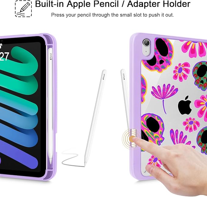 Mektron Printed Case for iPad mini 7 (A17 Pro) 2024/ Mini 6 2021 iPad mini 7th/6th Gen 8.3-inch Liquid Retina Display Cover Buit in Pencil Holder with Clear Back Shell Skull &amp Flowers Purple