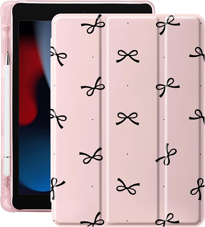 Idocolors Case for iPad 11 inch (A16 Chip) 2025 Generation 11th / iPad 10.9 inch 2022 10th Gen Built-in Pencil Holder with Soft TPU Shockproof Back Shell Auto Wake/Sleep Black Bow-Pink