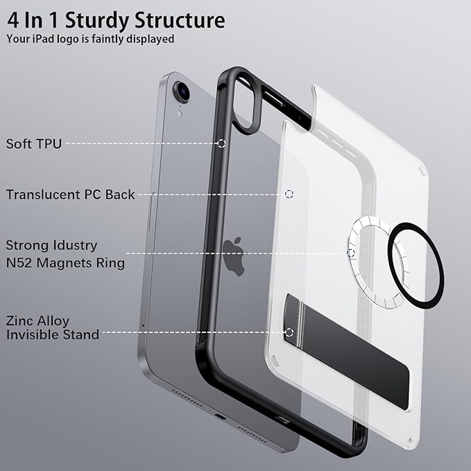 Telaso for iPad mini 7 A17 Pro 2024/iPad Mini 6 2021 Case iPad mini 7th/6th Gen Magnetic Case with Invisible Portrait/Landscape Stand Translucent Matte Back Soft TPU Bumper Protective Cover Black