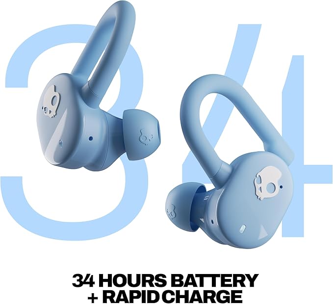 Skullcandy Push Play Active Wireless Earbuds Bluetooth Headphones Noise Isolating Fit 34 Hrs Battery Secure-Fit Over-Ear Hanger Sweat Water Resistant Microphone for iPhone Android - Preppy Blue