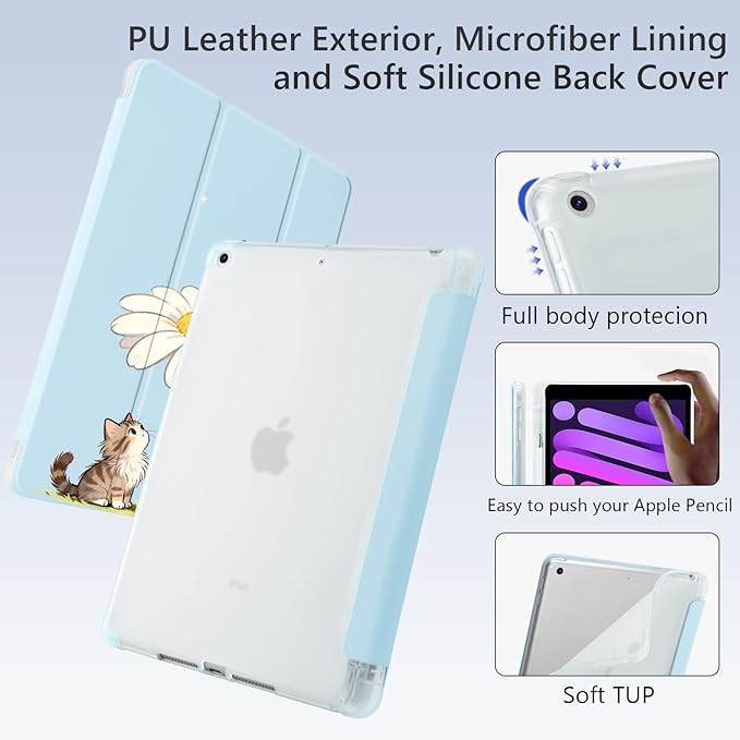 Cue Kitten Cat Bunny Flower for iPad Pro 11 Inch Case 4th/3rd/2nd Generation 2022/2021/2020 with Pencil Holder Auto Sleep/Wake Blue Leather Soft TPU Back Cover