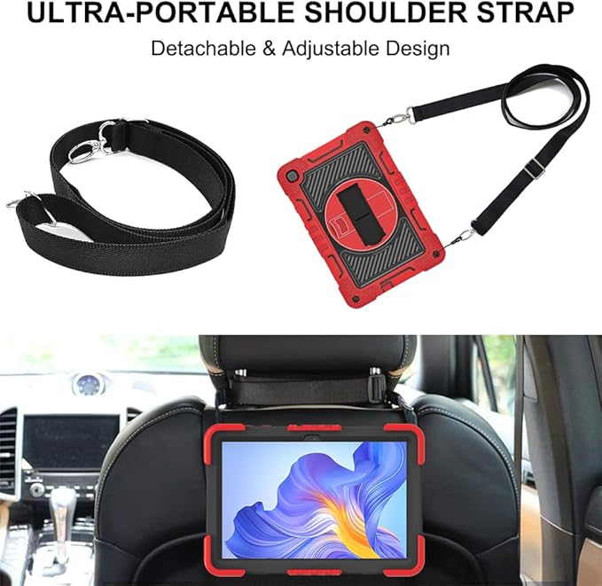 Tablet Case for Honor Pad X8 AGM3-W09HN 10.1 inch Tablet Shockproof Cover with 360° Rotating Stand and Wrist Strap Shoulder Strap Large Red+Black